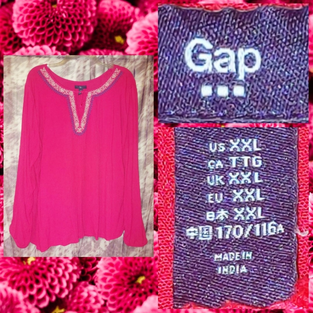 GAP Rosy Red w/Blue & White Embroidery Woven Boho Peasant Tunic Top XXL(22/22)